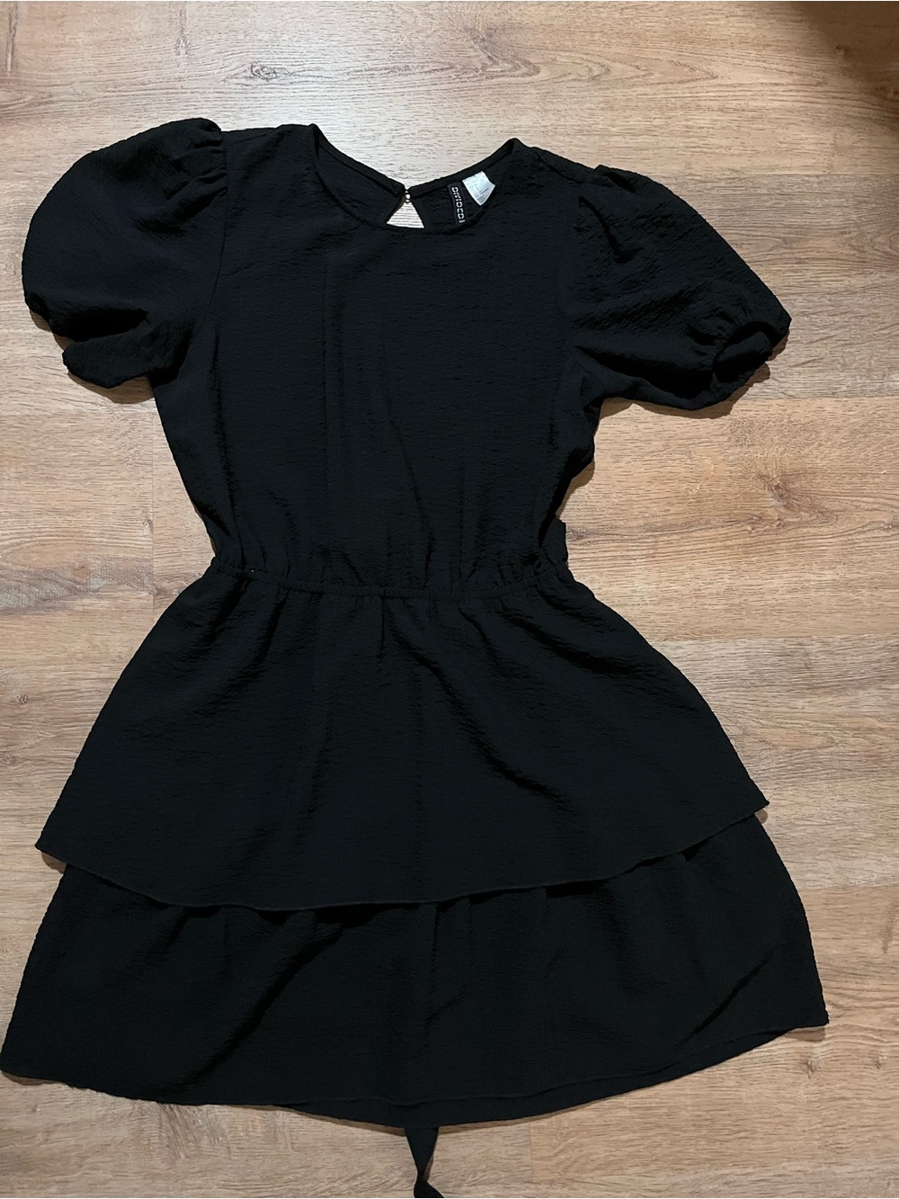 H&M Black Puff Sleeve Tiered Mini Dress with Elastic Waist